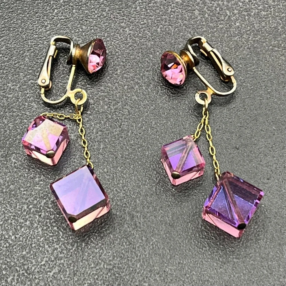 Vintage Pink AB Crystal‎ Cube Clip On Earrings Mid Century Geometric Drop 2